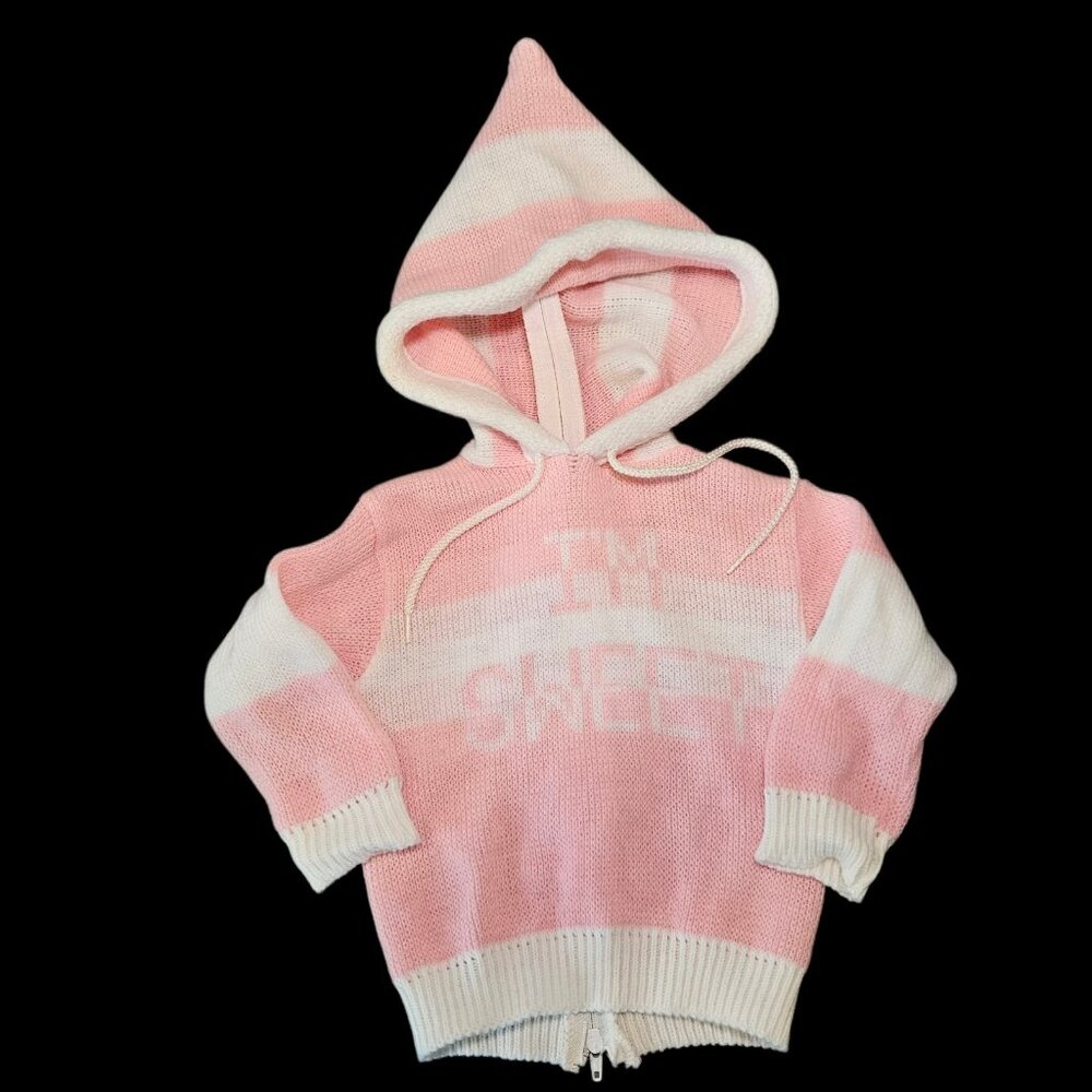 VTG 80s Baby Girl Pastel Pink Hooded Sweater Size 9 Months I'm Sweet‎ Point Hood
